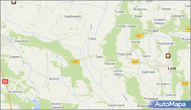 mapa Dęby gmina Łyse, Dęby gmina Łyse na mapie Targeo