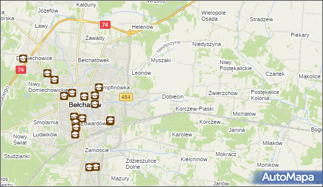 mapa Dobiecin gmina Bełchatów, Dobiecin gmina Bełchatów na mapie Targeo