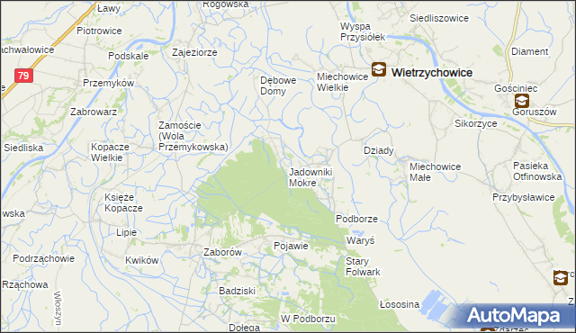 mapa Jadowniki Mokre gmina Wietrzychowice, Jadowniki Mokre gmina Wietrzychowice na mapie Targeo
