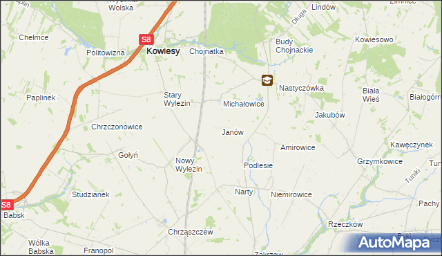 mapa Janów gmina Kowiesy, Janów gmina Kowiesy na mapie Targeo