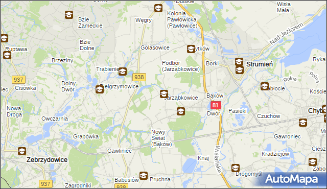mapa Jarząbkowice gmina Pawłowice, Jarząbkowice gmina Pawłowice na mapie Targeo