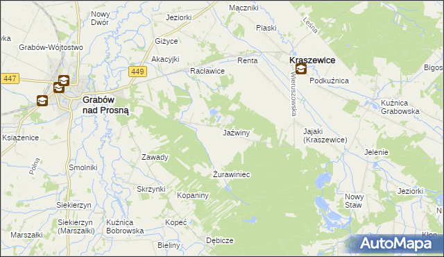 mapa Jaźwiny gmina Kraszewice, Jaźwiny gmina Kraszewice na mapie Targeo