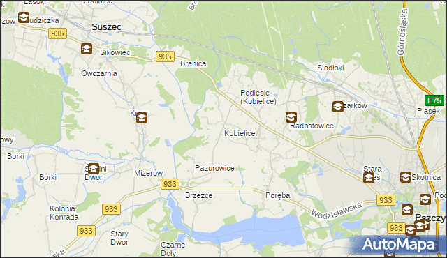 mapa Kobielice gmina Suszec, Kobielice gmina Suszec na mapie Targeo
