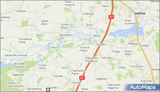 mapa Kolonia Piaski gmina Zakrzew, Kolonia Piaski gmina Zakrzew na mapie Targeo