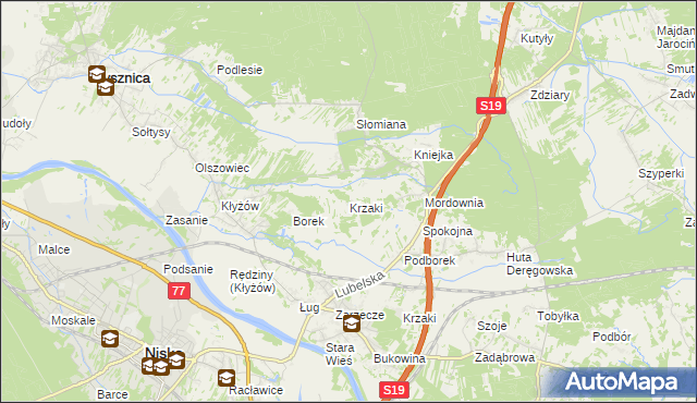 mapa Krzaki gmina Pysznica, Krzaki gmina Pysznica na mapie Targeo