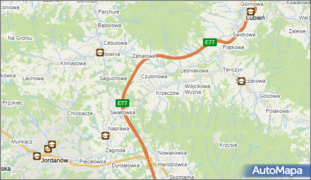 mapa Krzeczów gmina Lubień, Krzeczów gmina Lubień na mapie Targeo