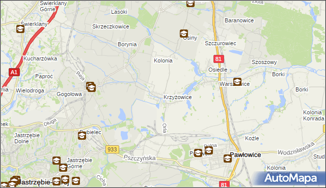 mapa Krzyżowice gmina Pawłowice, Krzyżowice gmina Pawłowice na mapie Targeo