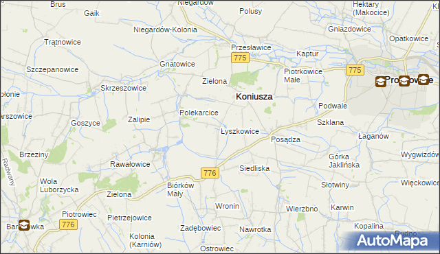 mapa Łyszkowice gmina Koniusza, Łyszkowice gmina Koniusza na mapie Targeo