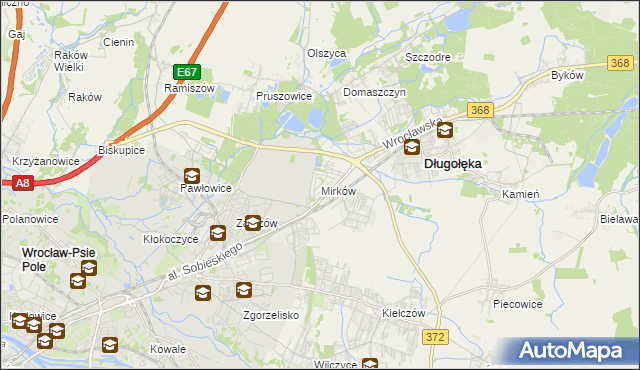 mapa Mirków gmina Długołęka, Mirków gmina Długołęka na mapie Targeo