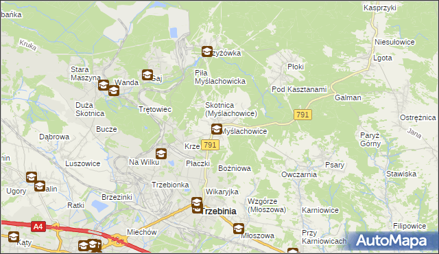 mapa Myślachowice, Myślachowice na mapie Targeo