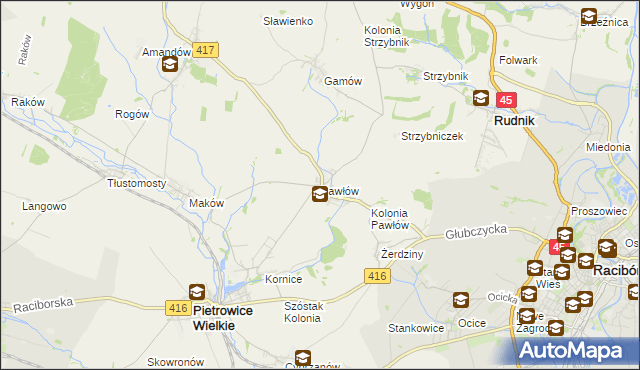 mapa Pawłów gmina Pietrowice Wielkie, Pawłów gmina Pietrowice Wielkie na mapie Targeo