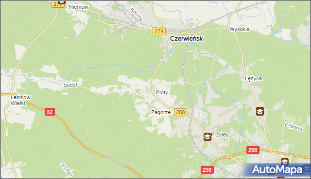 mapa Płoty gmina Czerwieńsk, Płoty gmina Czerwieńsk na mapie Targeo