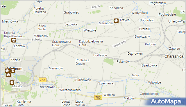 mapa Podlesice gmina Charsznica, Podlesice gmina Charsznica na mapie Targeo