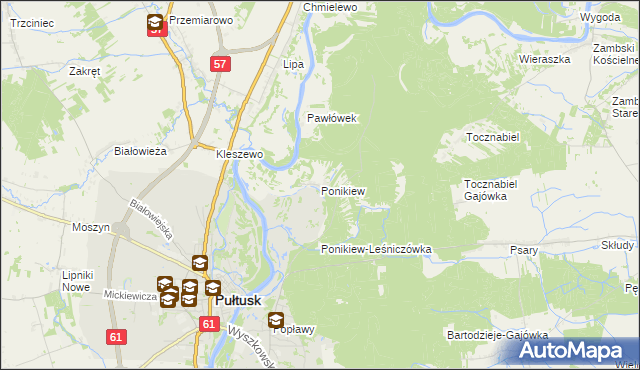 mapa Ponikiew gmina Pułtusk, Ponikiew gmina Pułtusk na mapie Targeo
