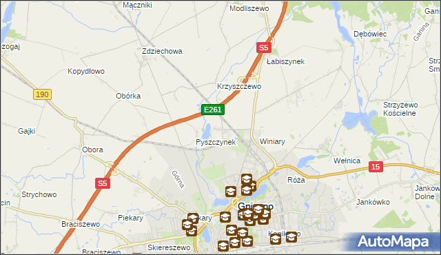 mapa Pyszczyn gmina Gniezno, Pyszczyn gmina Gniezno na mapie Targeo