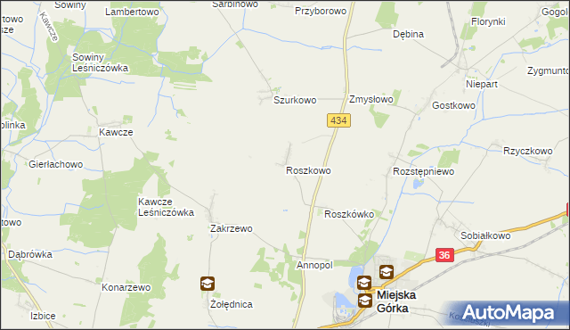mapa Roszkowo gmina Miejska Górka, Roszkowo gmina Miejska Górka na mapie Targeo