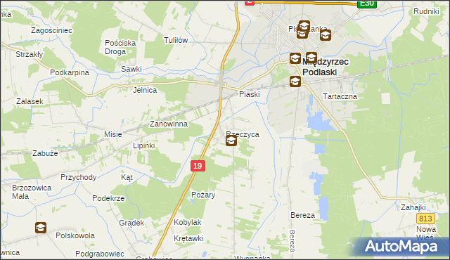 mapa Rzeczyca gmina Międzyrzec Podlaski, Rzeczyca gmina Międzyrzec Podlaski na mapie Targeo