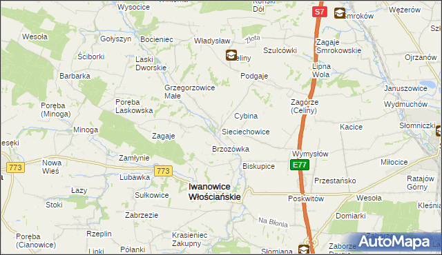 mapa Sieciechowice gmina Iwanowice, Sieciechowice gmina Iwanowice na mapie Targeo