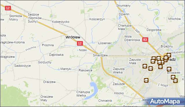 mapa Smardzew gmina Wróblew, Smardzew gmina Wróblew na mapie Targeo