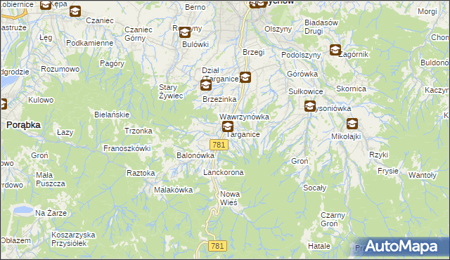 mapa Targanice, Targanice na mapie Targeo