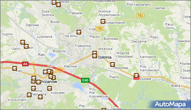mapa Trzebinia powiat chrzanowski, Trzebinia powiat chrzanowski na mapie Targeo