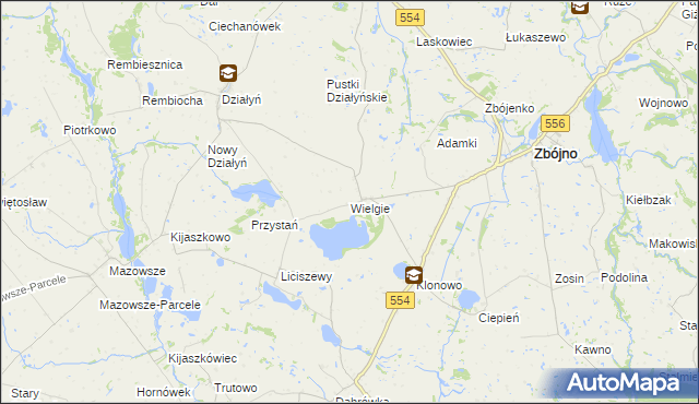 mapa Wielgie gmina Zbójno, Wielgie gmina Zbójno na mapie Targeo