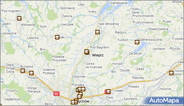mapa Wieprz powiat wadowicki, Wieprz powiat wadowicki na mapie Targeo