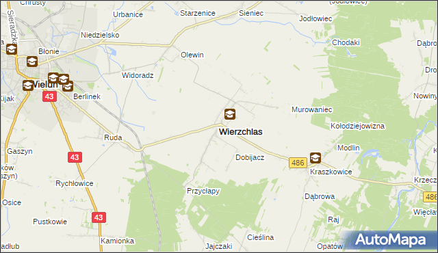 mapa Wierzchlas powiat wieluński, Wierzchlas powiat wieluński na mapie Targeo