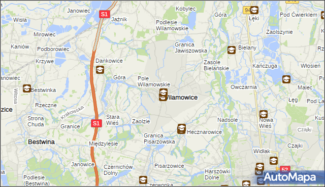 mapa Wilamowice powiat bielski, Wilamowice powiat bielski na mapie Targeo