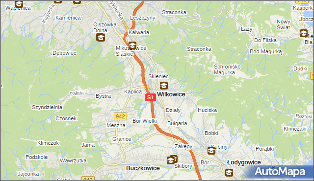 mapa Wilkowice powiat bielski, Wilkowice powiat bielski na mapie Targeo