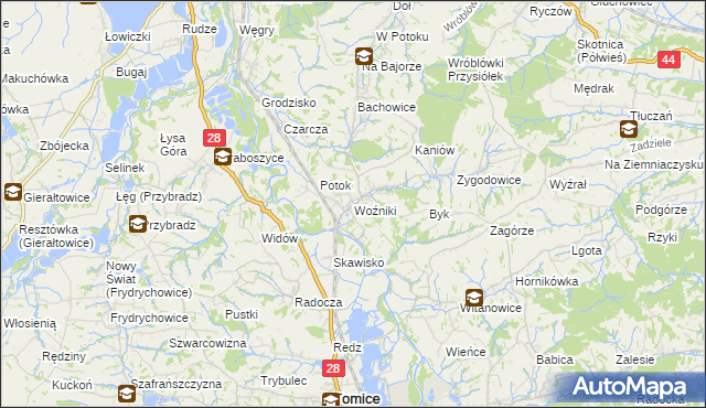 mapa Woźniki gmina Tomice, Woźniki gmina Tomice na mapie Targeo