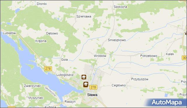 mapa Wróblów gmina Sława, Wróblów gmina Sława na mapie Targeo