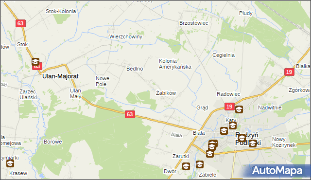 mapa Żabików gmina Radzyń Podlaski, Żabików gmina Radzyń Podlaski na mapie Targeo
