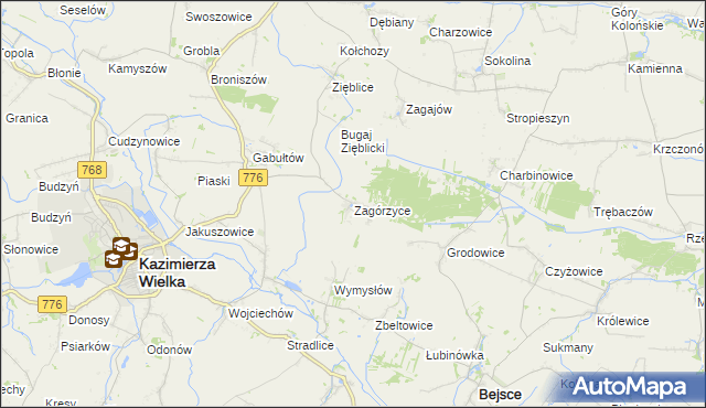 mapa Zagórzyce gmina Kazimierza Wielka, Zagórzyce gmina Kazimierza Wielka na mapie Targeo