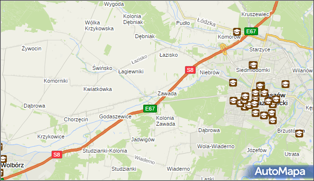 mapa Zawada gmina Tomaszów Mazowiecki, Zawada gmina Tomaszów Mazowiecki na mapie Targeo