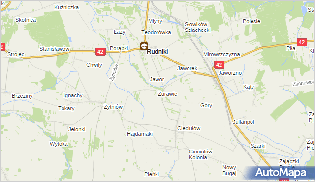 mapa Żurawie gmina Rudniki, Żurawie gmina Rudniki na mapie Targeo