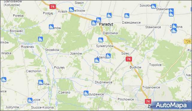 mapa Adamów gmina Paradyż, Adamów gmina Paradyż na mapie Targeo