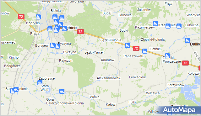 mapa Adamów gmina Poddębice, Adamów gmina Poddębice na mapie Targeo