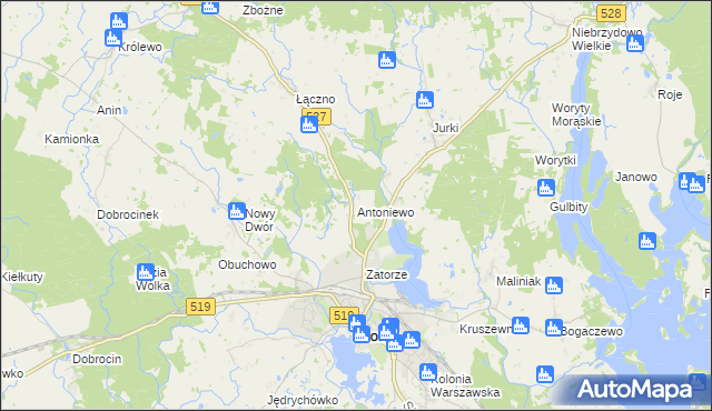 mapa Antoniewo gmina Morąg, Antoniewo gmina Morąg na mapie Targeo