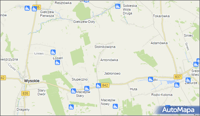 mapa Antoniówka gmina Wysokie, Antoniówka gmina Wysokie na mapie Targeo