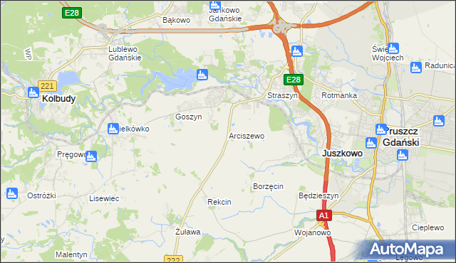 mapa Arciszewo gmina Pruszcz Gdański, Arciszewo gmina Pruszcz Gdański na mapie Targeo