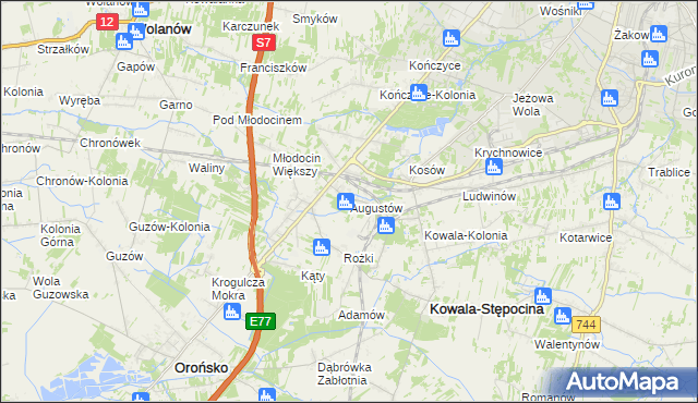 mapa Augustów gmina Kowala, Augustów gmina Kowala na mapie Targeo