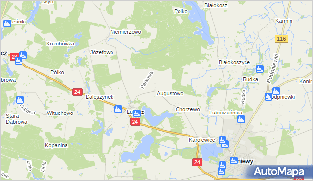 mapa Augustowo gmina Kwilcz, Augustowo gmina Kwilcz na mapie Targeo