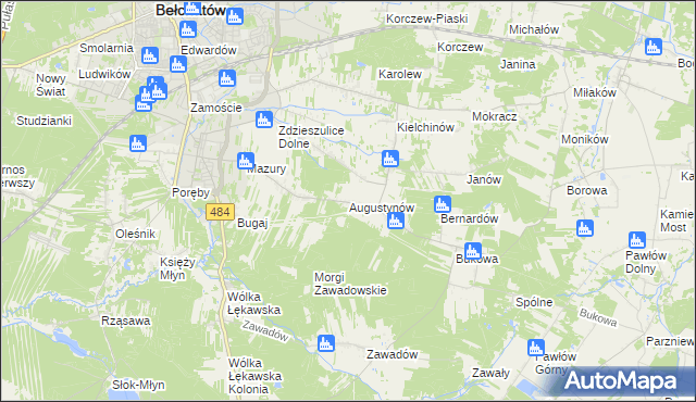mapa Augustynów gmina Bełchatów, Augustynów gmina Bełchatów na mapie Targeo