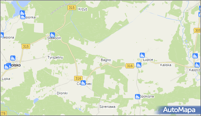 mapa Bagno gmina Sława, Bagno gmina Sława na mapie Targeo