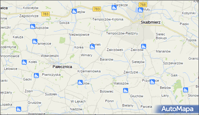 mapa Baranów gmina Skalbmierz, Baranów gmina Skalbmierz na mapie Targeo