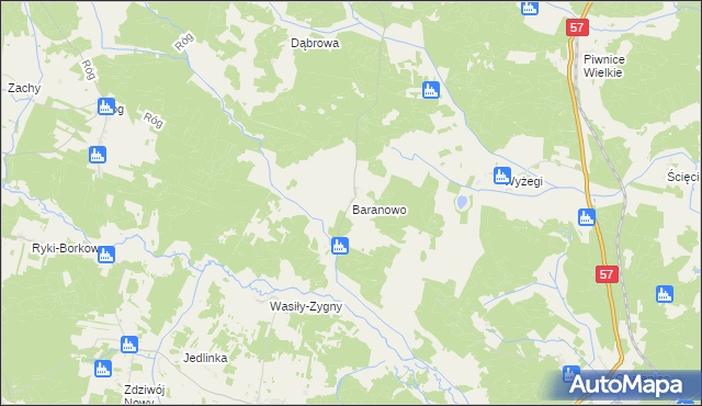 mapa Baranowo gmina Wielbark, Baranowo gmina Wielbark na mapie Targeo