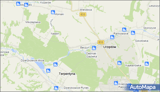 mapa Bęczyn gmina Urzędów, Bęczyn gmina Urzędów na mapie Targeo