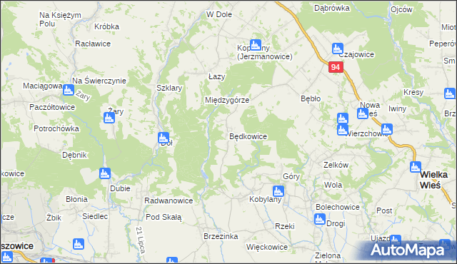 mapa Będkowice gmina Wielka Wieś, Będkowice gmina Wielka Wieś na mapie Targeo