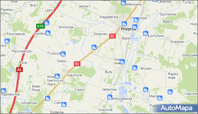 mapa Białocin gmina Rozprza, Białocin gmina Rozprza na mapie Targeo